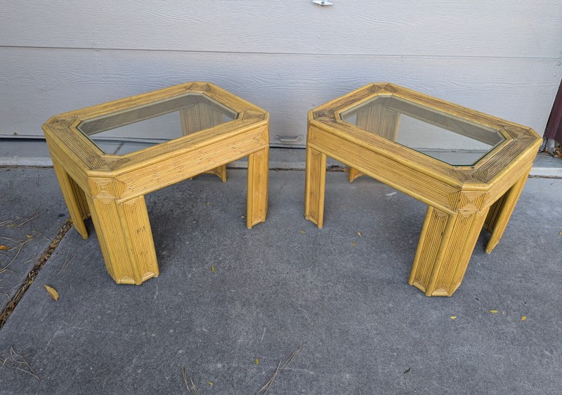Vintage Pair of Boho Chic Bamboo Rattan Pencil Reed Tables Mid Century Modern