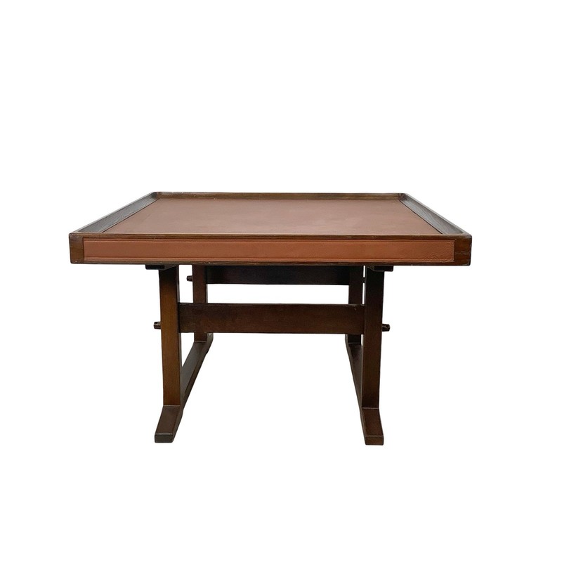 Vintage Studio Made Square End Table Cognac Leather Top Trestle