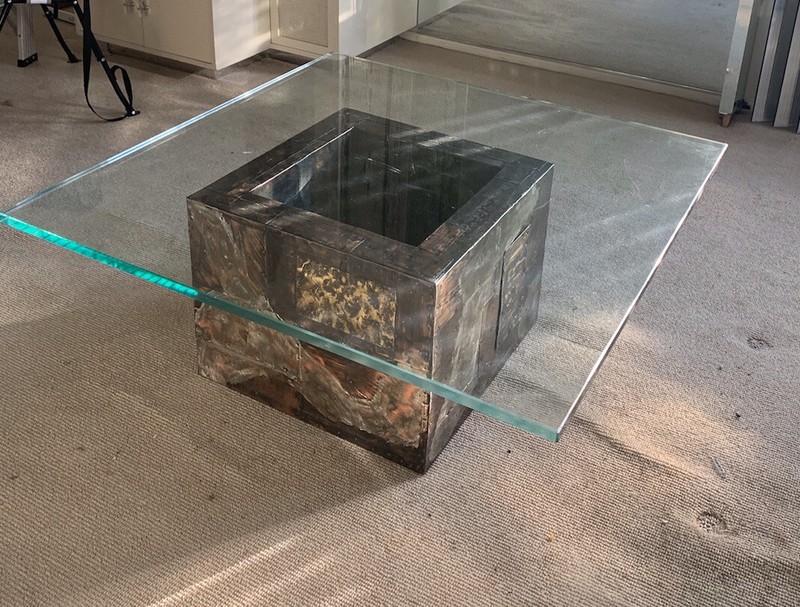Paul Evans PE 30 Patchwork Brutalist Original Glass Coffee Table 1970’s 40” SQ