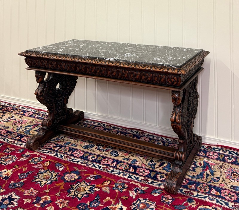 Antique French Coffee Table Bench Window Seat Marble Top Oak Renaissance Revival gallery