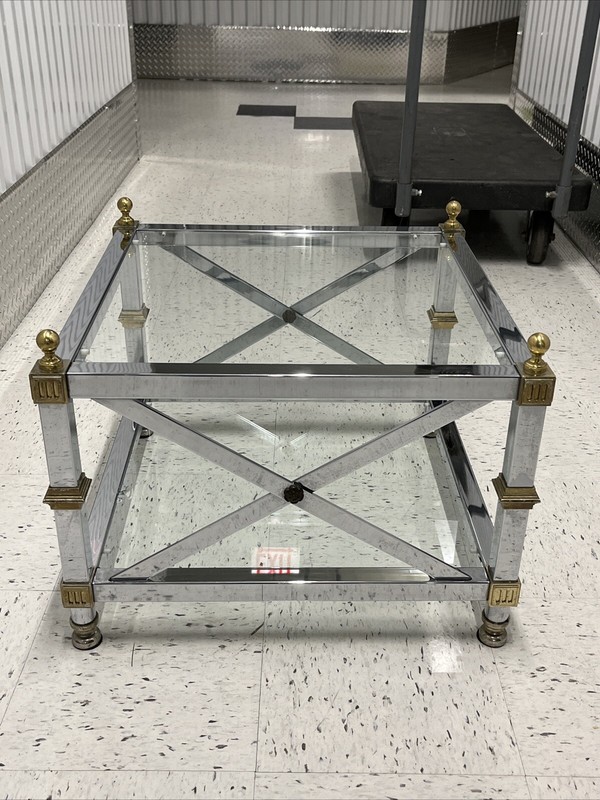 Vtg. Mid Century Maison Jansen Square Chrome Brass Glass X-Base Side End Table gallery