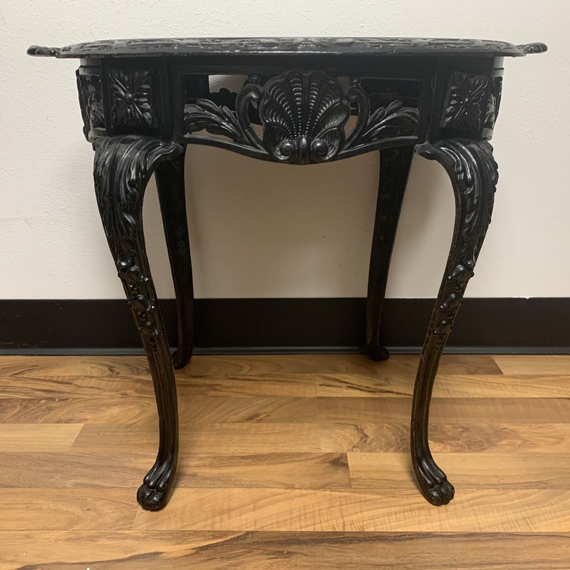 Antique 1880s Victorian Solid Cast Wrought Iron Table w/ Black Marble Top 24"L gallery