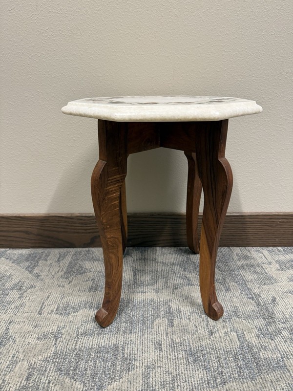 Antique Octagonal Marble Inlay Wooden Accent Table, 31x31x40in, Carvings