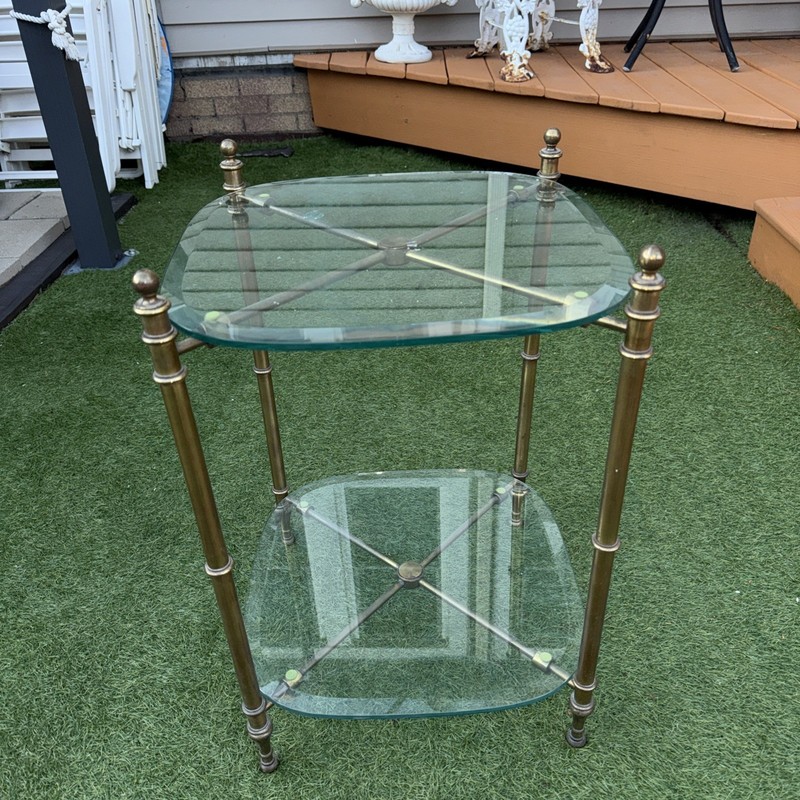 Vintage Brass Side Table with 2 Glass Shelves. gallery