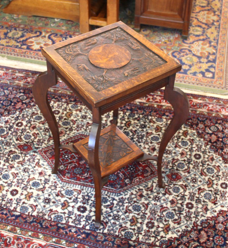 English Antique Carved Tiger Oak Edwardian Side Table gallery