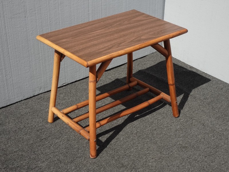 Set Vintage Mid Century Modern Bamboo Coffee Table and End Table w Laminate Top gallery