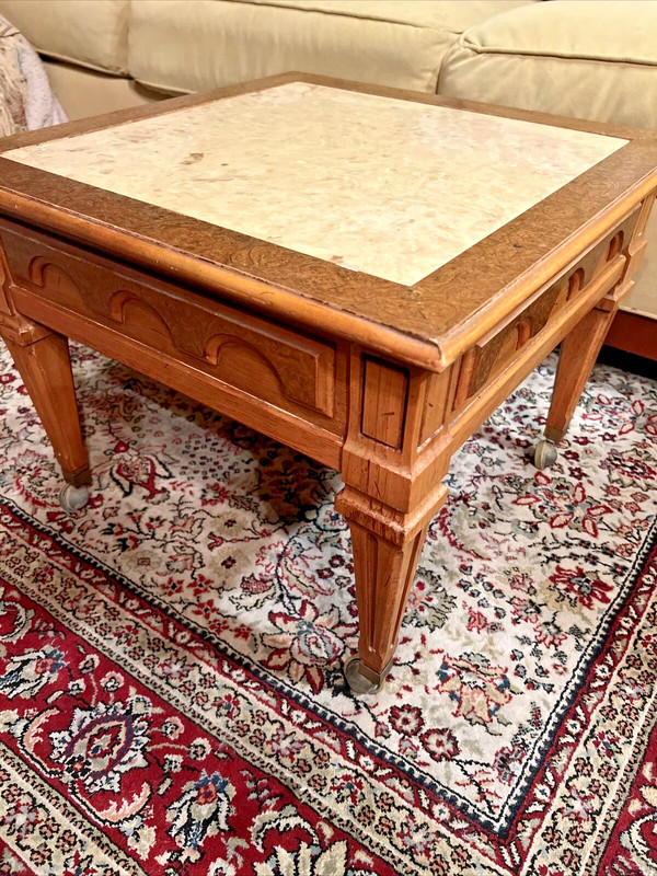Vintage Travertine Marble Top Accent Side Table With Carved Wood Legs gallery