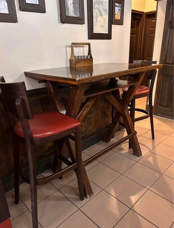 handcrafted wooden high top table with 4 cushioned bar stool made by a local man gallery