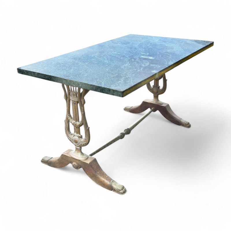 19th Century Marble Top Table with Brass Frame & Lyre Legs Antique