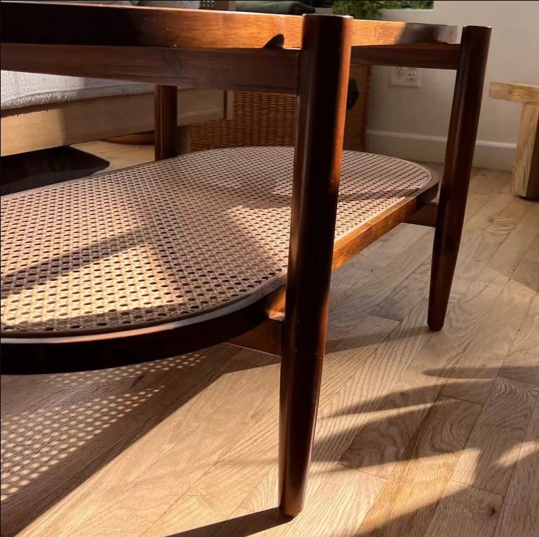 Mid-Century Modern Rattan Glass Coffee Table Oval Two-Tier Solid Wood Frame gallery
