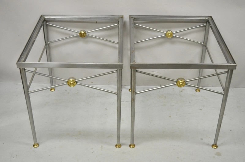 Italian Directoire Maison Jansen Style Brushed Steel & Brass End Tables - a Pair gallery