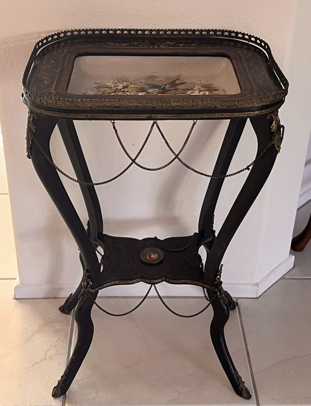 French Table Brass Hoof Feet Wood Inlaid Hand Painted Tray Montereau LM&C 1850s