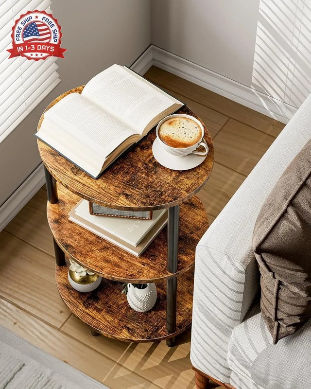 Round Small Side Table - 3 Tier Oval Accent Table for Small Spaces, Rustic Wood gallery