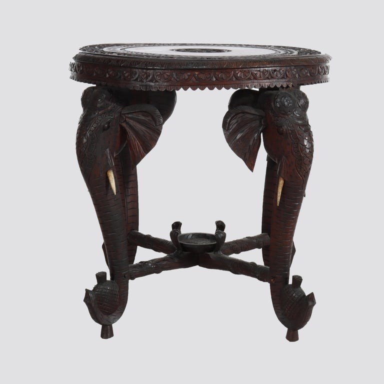 Antique Anglo Indian Figural Carved Rosewood Side Table With Elephants & Figure gallery