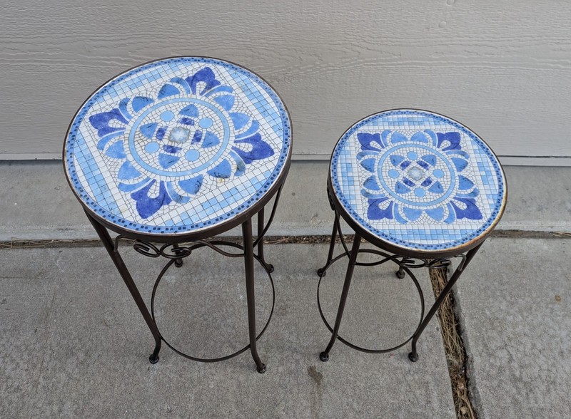 Vintage Set of 2 Blue Mosaic Tile Top Pedestal Tables Plant Stand Wrought Iron gallery
