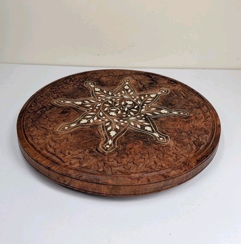 Vintage Wooden Round Table Top Hand Carved Mother Of Pearl Inlay (Top Only) gallery