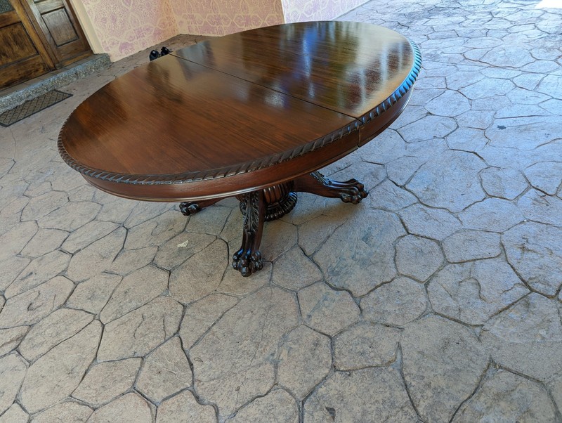 60” Round Mahogany Banquet Table Carved Base Monumental 1890s, w 6 leaves= 120"