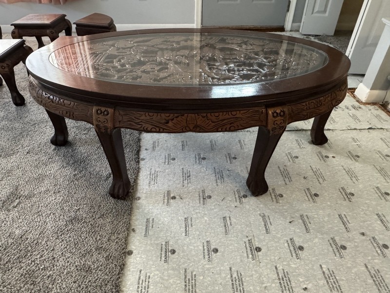 Vintage Chinese Asian Ornately Carved Golden Brown Coffee Table w Six Stools