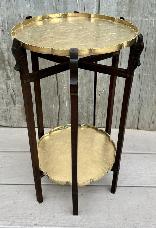 Antique Chinese 2-Tier Folding Brass Tray Table Stand
