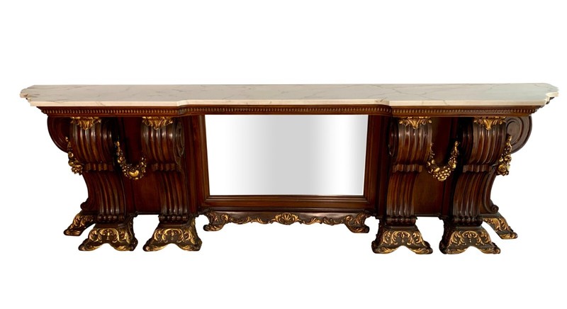A LARGE ANTIQUE VENETIAN STYLE ITALIAN CARVED WOOD & MARBLE CONSOLE TABLE