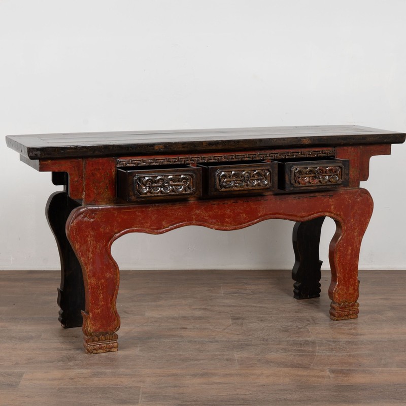 19th Century Chinese Red Altar Console Table with Carved Drawers gallery