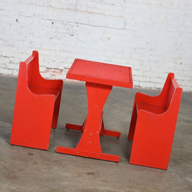 Rustic Red Children’s Hand Crafted Wood Diner Style Table & 2 Benches Set gallery