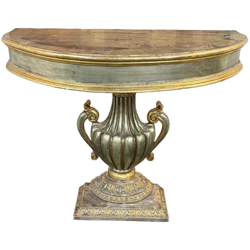 Polychrome Demilune Console Table with Urn Form Pedestal Base