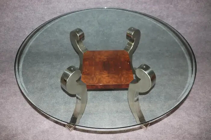 Large Milo Baughman Style Chrome and Burled Walnut Beveled Glass Table gallery