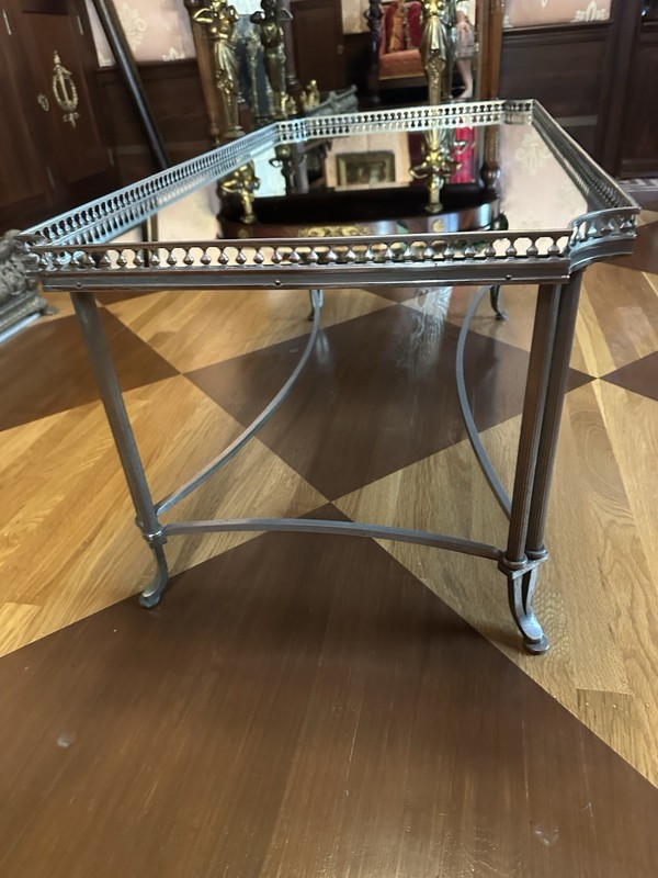 Maison Jansen Low Table Silvered Bronze And Mirrored Glass Top , Signed JANSEN gallery