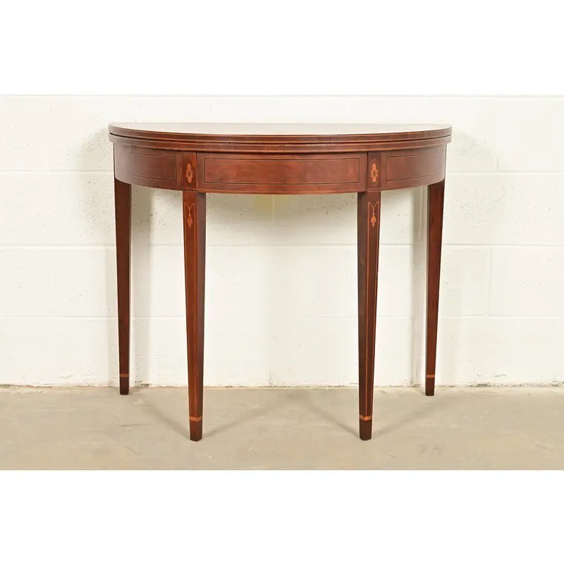 Baker Furniture Federal Inlaid Mahogany Flip-Top Demilune Console Table