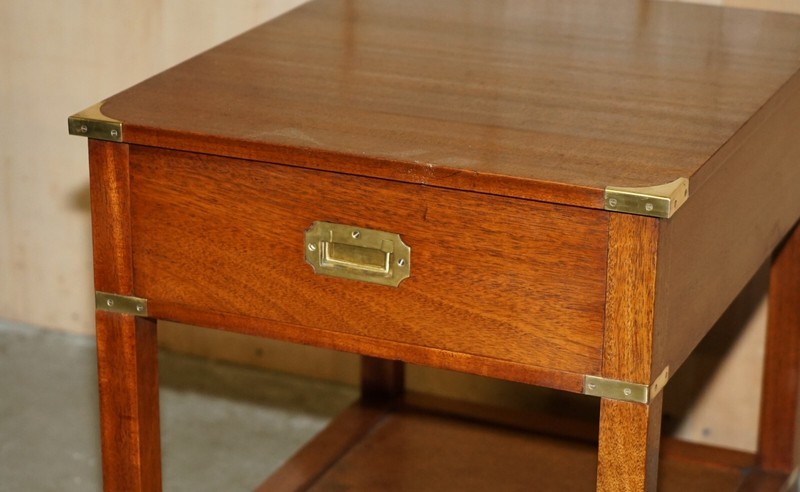 PAIR OF FULLY RESTORED HARRODS LONDON MILITARY CAMPAIGN SINGLE DRAWER SIDE TABLE gallery