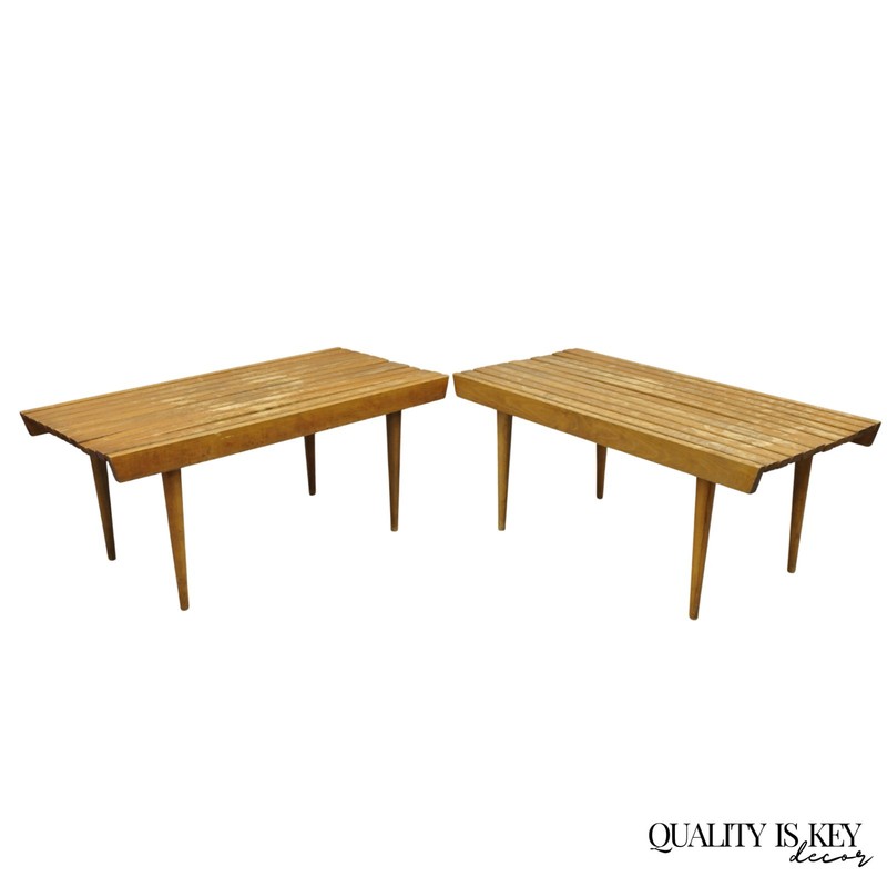 Vintage Mid Century Modern 36″ Wood Slat Bench Coffee Table Side Table – a Pair