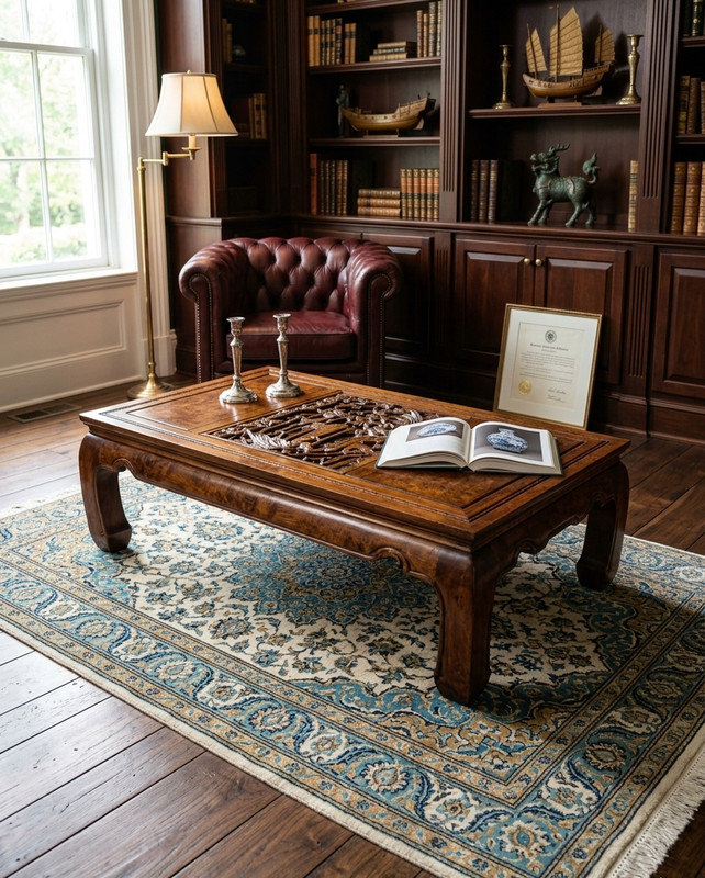 Vintage Burl Walnut Coffee Table: Hand-Carved Asian Landscape, Glass Top, Hidden gallery