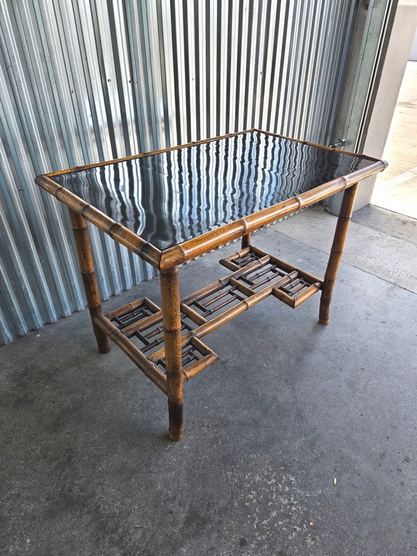 Rattan Chinese Chippendale Accent Table With Black lacquer Top gallery