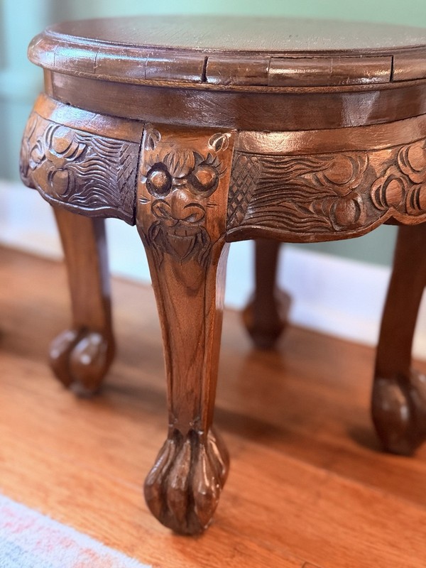 Vintage Asian Dragon Carved Lion Foot Wood Side Table Plant Stand 12.75” Tall gallery