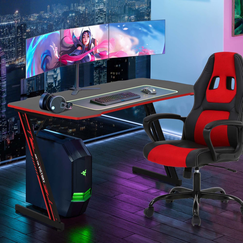 Z-Shaped Gaming Desks with Headphone Hook and Adjustable Feet Gaming Table Desk, gallery