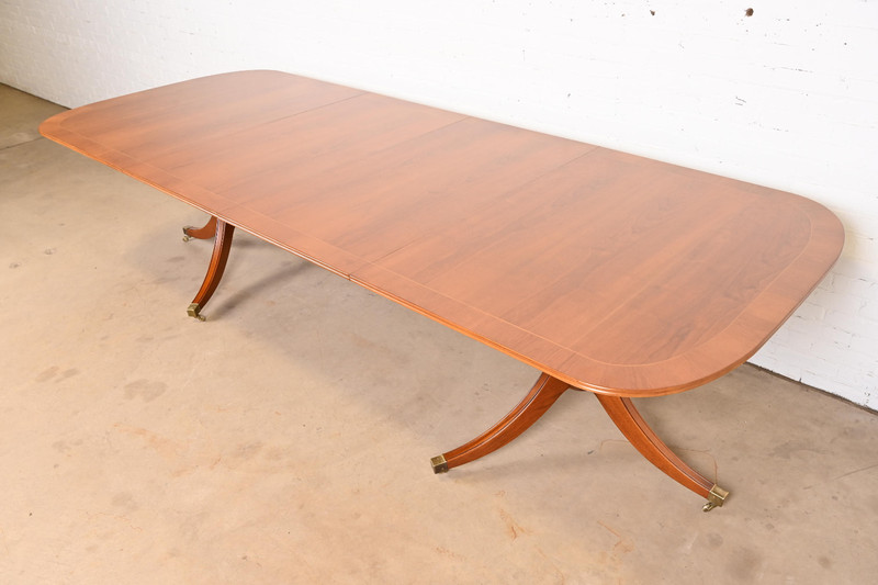 Baker Furniture Style Georgian Banded Cherry Wood Double Pedestal Dining Table