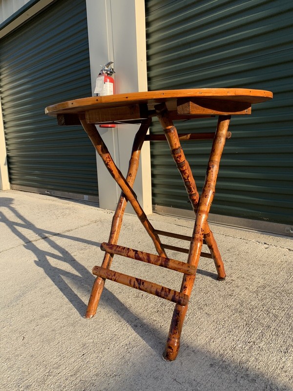 Vintage Bamboo Tortoise Shell Folding Bistro Table MCM 70s Rattan Furniture gallery