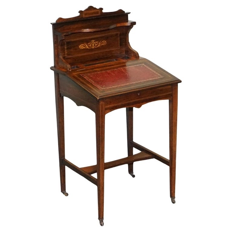 VICTORIAN LADIES WRITING DAVENPORT DESK WITH INLAY & LEATHER WRITING SURFACE