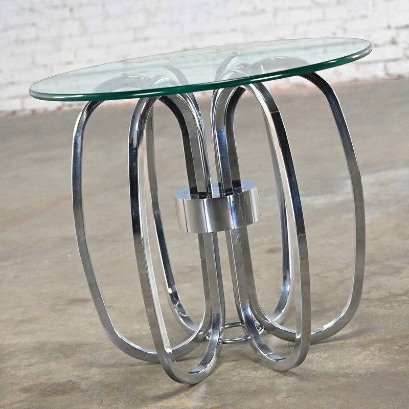 MCM to Modern End or Side Table Barrel Shaped Chrome Base & Round Glass Top gallery