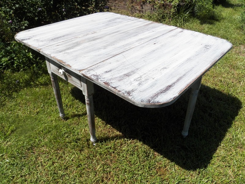 Large Antique Shabby White Dining Table Solid Walnut turned leg drop leaf gallery