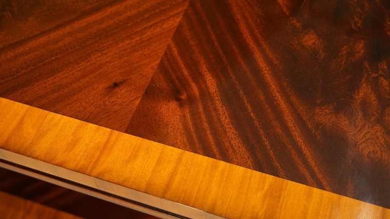 Rectangular Flamed Mahogany Coffee table with banding and lower shelf gallery