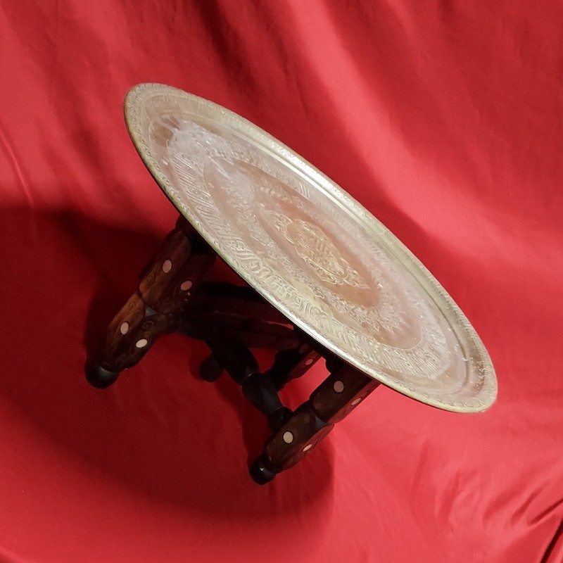 Vintage Middle Eastern Brass Tray Table w/ Mother of Pearl Inlaid Folding Stand gallery