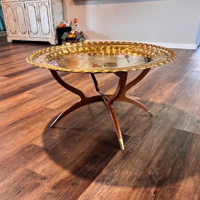 Vintage 36" Persian, Moroccan Hand Hammered Brass Coffee Table w Folding Legs gallery
