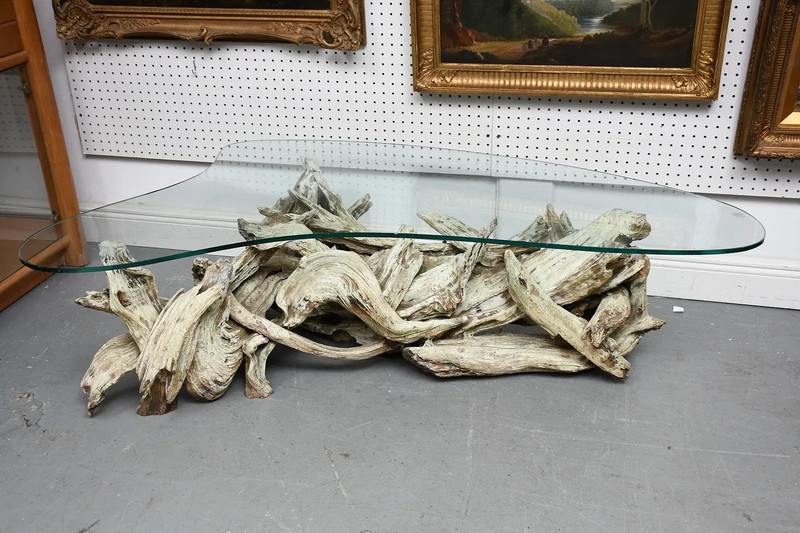 Kidney Shape Vintage Driftwood Base Table probably painted Boomerang Glass Top