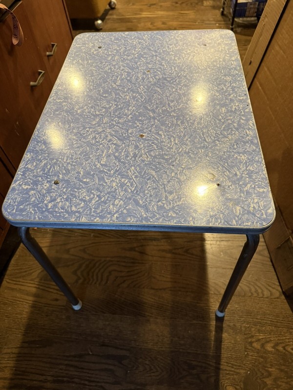 Vintage MCM Mid Century Kitchen Childrens Table Formica Chrome Blue 25x19x21 gallery