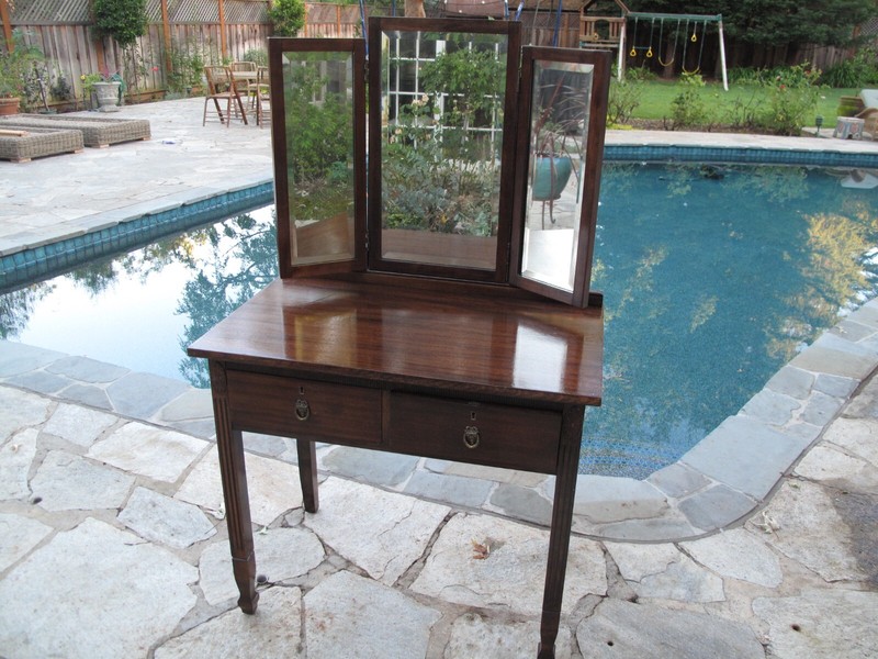 Antique 1918 Cherrywood Dressing Table with glass tri-fold mirrors
