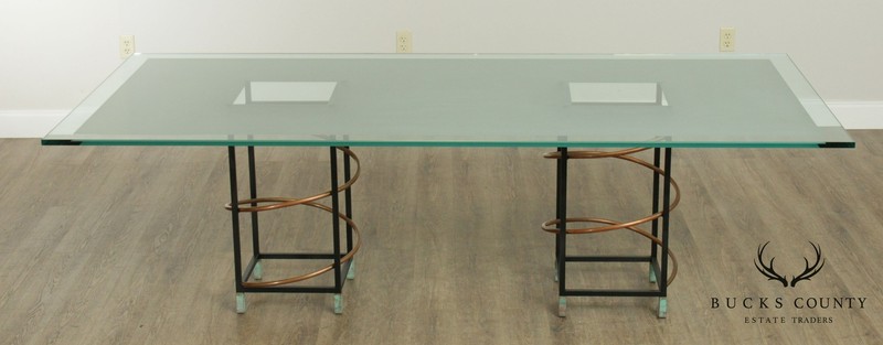 Pace Post Modern Sculptural Double Pedestal Base Glass Top Dining Table gallery