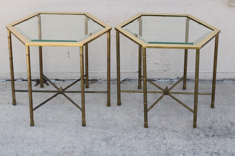 Authentic Pair Vintage Mastercraft Faux Bamboo Hexagonal Brass End Accent Tables gallery