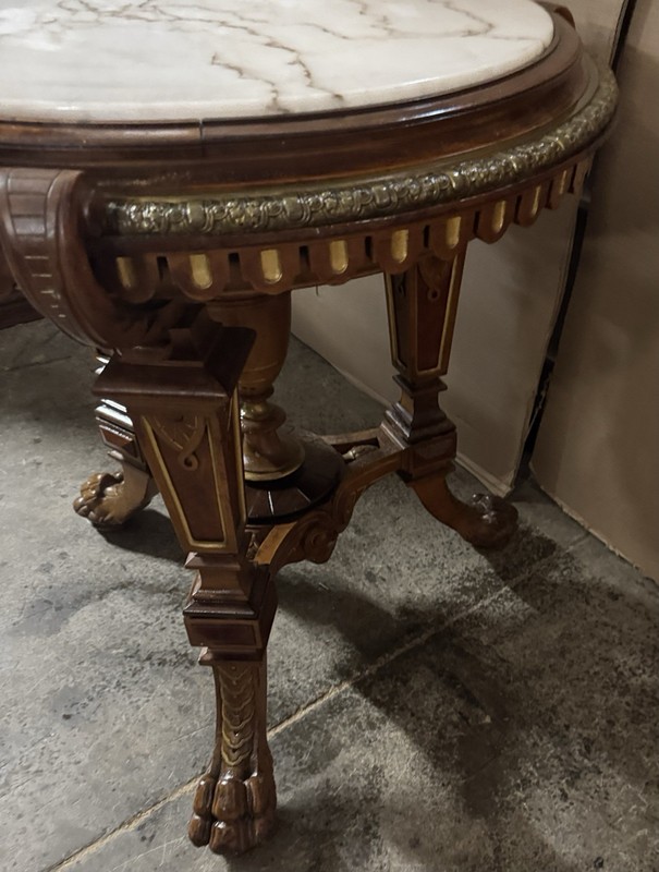 RENAISSANCE RARE ICISED MARBLE TOP WALNUT TABLE, ATTR. HERTER gallery